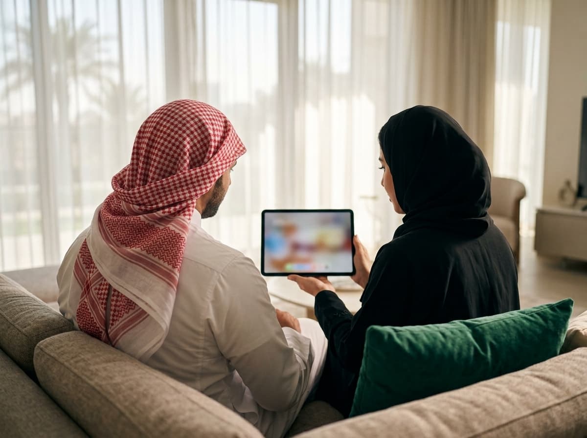 زوجان يتصفّحان الباقات على جهاز لوحي